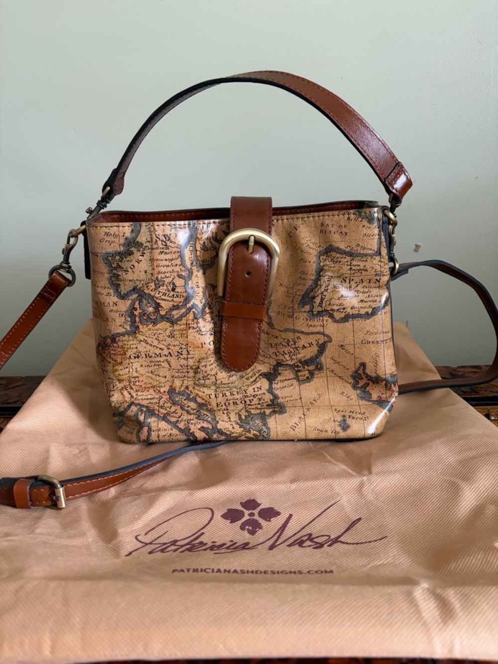 Patricia Nash Vintage Map Print Leather Shoulder Bag